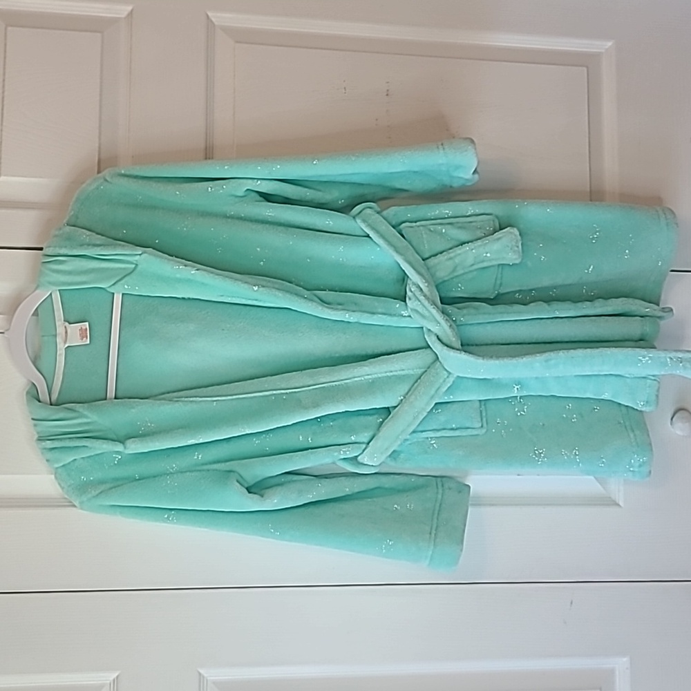 Cat & Jack mint green unicorn robe with silver stars girl's size Large 10/12